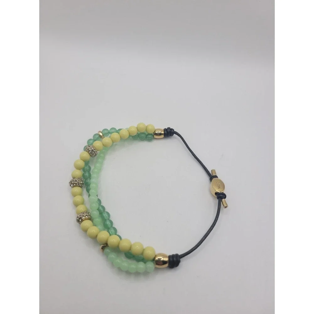 Fossil Green Yellow Multi Strand Beaded Bracelet Gold Tone Crystal Accent Slide